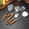 Espátula Colher de Aço Inoxidável Colher para Fritura Doméstica Espátula Colher Espátula de Cozinha Escorredor Espessado Anti-Escaldante Textura de Madeira Conjunto de Utensílios de Cozinha