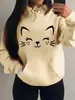 Moletom Feminino Longo de Lã para Primavera 2026 Moda Outono Inverno Moletom Casual Feminino com Bolso e Design de Gato Feliz