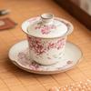 Tazón de Té con Tapa de Flor de Pera Congelada de Manteca de Cerdo, Tazón Cubierto de Tres Colores de Gama Alta Individual, Juego de Té para Mujeres No Caliente, Tazón de Té Kung Fu