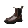 Couro de Vaca 2025 Novo Estilo Outono e Inverno Couro de Cavalo Amassado Elástico Solado Grosso Salto Grosso Botas Chelsea Curtas Botas Curtas Femininas