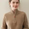 Suéter de Cachemir con Cuello Alto y Media Cremallera para Mujer 100% Cachemir Puro Tejido de Punto Trenzado Grueso Ajuste Holgado Adelgazante Suéter Básico de Punto