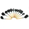Em estoque atacado frigideira antiaderente cabo de madeira nylon utensílios de cozinha colher espátula conjunto de doze peças