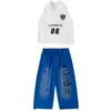 Conjunto de Moda para Actuación de Jazz para Niñas: Top Corto de Cuello Halter de Moda y Pantalones Largos Azules Rasgados Conjunto de Performance Jazz
