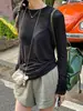 Camiseta Básica de Color Sólido de Manga Larga Fina Estilo Europeo y Americano para Mujer 2025 Nuevo Top Verano Otoño Versátil Cuello Redondo Transfronterizo