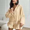 Pijama Feminino de Algodão Novo Europeu e Americano com Manga Longa, Shorts com Babados, Cadarço, Confortável, Amigo da Pele, Roupas de Casa Atacado
