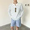 Suéter de punto con cuello Henley, jersey de manga larga a rayas hueco para hombre, estilo fino de otoño e invierno, venta al por mayor de fábrica transfronteriza