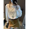 Mocci Outono Novo Estilo Tencel Linho Ruffle Francês Gola Alta Plissada Elegante Camisa para o Trabalho MQ1673