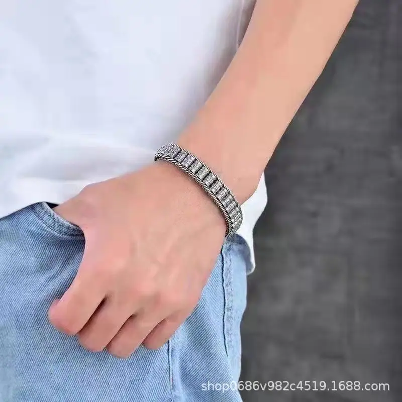 S925泰银男士简约时尚复古手链六字真言路路通转经