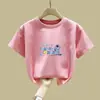 2104# Camiseta de Algodão de Manga Curta para Meninas Vestido de Verão Estilo Coreano Crianças de Tamanho Médio e Grande Gola Redonda Estampado de Desenho Animado Camiseta de Base de Manga Meia para Crianças
