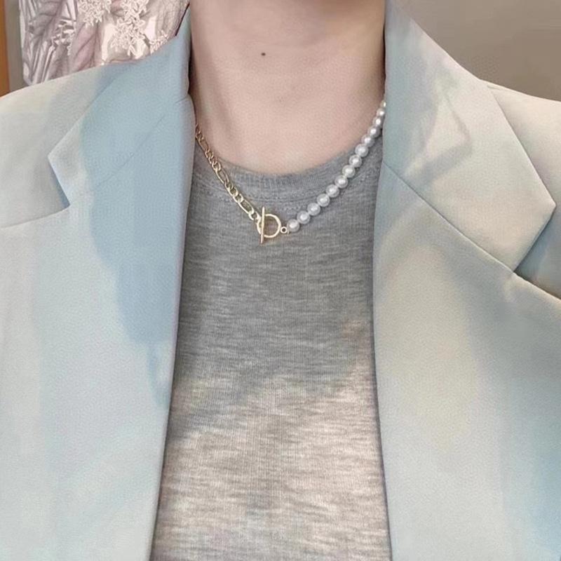 近圆天然淡水珍珠拼接项链高级感轻奢14k注金OT扣锁骨链夏季新款