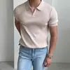Camiseta Polo de Punto de Manga Corta Lisa de Canalé Estilo Coreano de Verano para Hombre, Estilo Ligeramente Maduro, Cuello Camisero, Suéter de Pico Pequeño Versátil