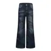 Patrón de punto de cruz, lavado azul claro, desgastado, plisado, pantalones vaqueros bordados a mano, unisex, retro, pierna curva, apilados, pantalones de pierna recta