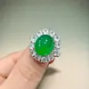 Anillo de calcedonia verde natural con cabujón grande y piedras verde imperial tipo vidrio, comparable a la jadeíta, anillo para mujer