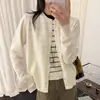 Cardigan de tricô estilo coreano, look de duas peças color block listrado com gola redonda, um top versátil e modelador de manga longa para mulheres, perfeito como suéter de outono ou peça externa.