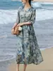Vestido de Ramio Estampado con Tinta para Mujer, Estilo Retro Artístico, Temperamento Suave, Cintura con Cordón, Falda Larga de Ramio con Dobladillo Ancho
