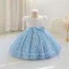 Vestido Infantil Novo 2025 Vestido Princesa de Malha com Lantejoulas Manga Curta Saia Bufante Vestido de Aniversário para Um Ano Vestido