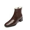 Botas de tornozelo estilo coreano outono e inverno 2023, bico quadrado marrom, salto grosso, zíper traseiro em pele de carneiro, forro de lã, botas Martin