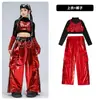 Disfraz de Baile de Jazz para Niña con Ombligo al Aire Traje de Baile Rojo con Lentejuelas Traje Moderno de Street Dance de Jazz para Niña Disfraz para Actuación del Día de Año Nuevo