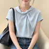 Camisa Azul Estilo Francés con Cuello Alto y Mangas Cortas Plisadas para Mujer, Nuevo Modelo Verano 2026, Diseño Muy Elegante y Atractivo, Adecuada para Ir al Trabajo