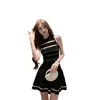 Vestido de malha preto listrado com retalhos vazados no mesmo estilo de Jang Won-young, novo vestido de verão feminino sem mangas