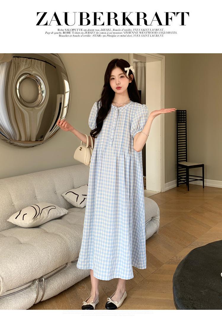 孕妈泡泡袖法式复古格子连衣裙
