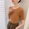 Outono novo suéter de malha feminino gola redonda manga curta slim fit sem costura atacado para exportação