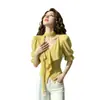 Blusa Amarilla de Gasa de Manga Corta para Mujer de Verano, Nuevo Estilo Francés, de Alta Gama, Muy Bonita, Top Fruncido que Ceñe la Cintura