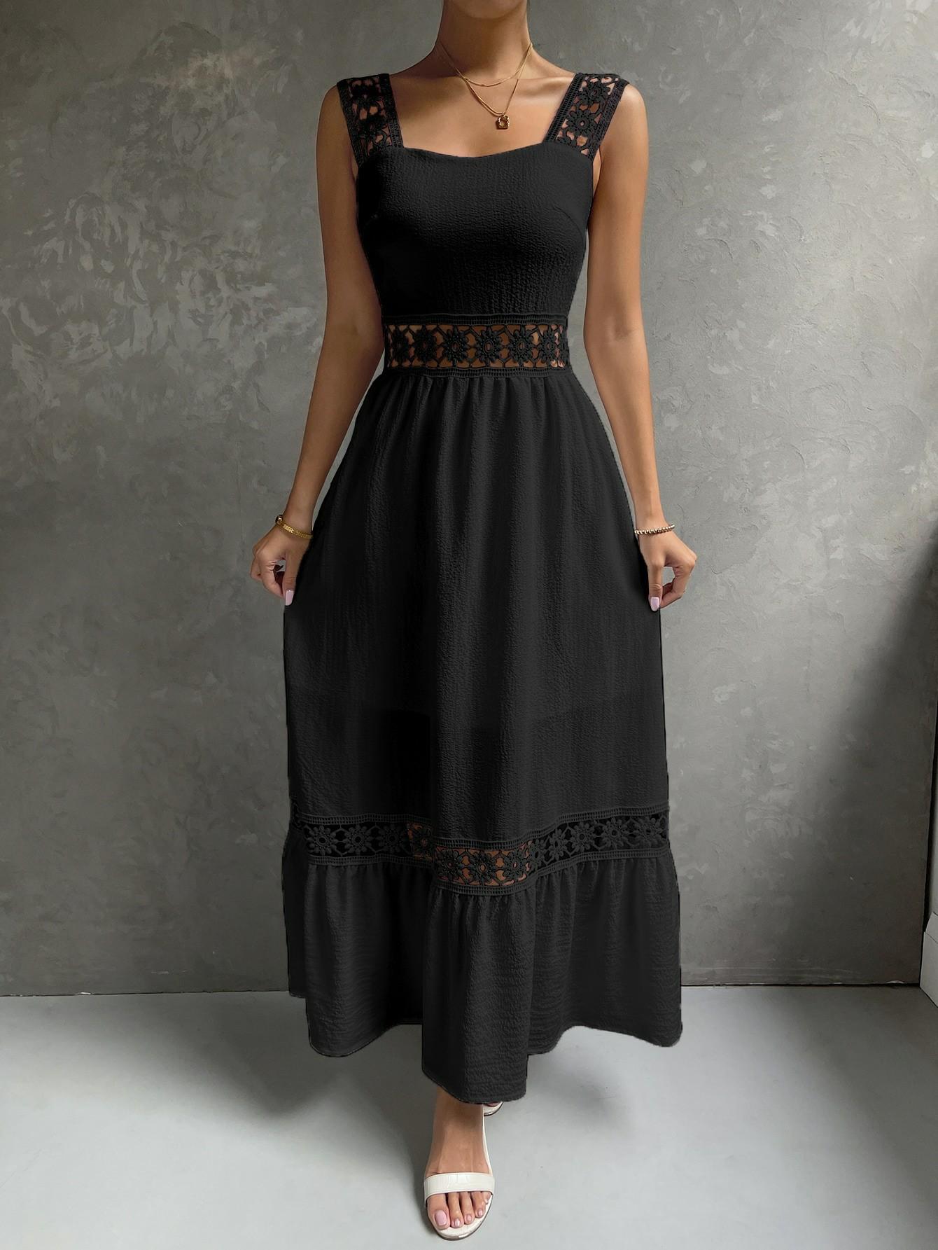 亚马逊新款镂空花边气质连衣裙 吊带拼接修身纯色无袖