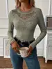 Novos Tops Femininos Amazon Europeus e Americanos Manga Longa Moda Outono Inverno Casual Decote V Renda