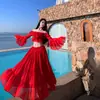 Vestido de Vacaciones en la Playa Rojo de Dos Piezas Largo con Volantes