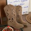 Botas Longas Marrons de Bico Fino e Salto Fino/Grosso para Mulheres, Novo Estilo Verão 2026, Corte em V, Botas Western de Cowboy para Montaria até o Joelho
