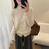 Cardigan de Tricô Crochê Vazado Gola Meia-Alta Feminino 2026 Novo Estilo Suéter Emagrecedor Casaco Estilo Coreano Roupa Top para Início de Outono
