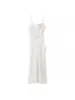 Ropa al por mayor Zr para mujer, Comercio exterior, Vestido largo de satén sexy sin espalda con adornos florales, Cuello drapeado, Corte ajustado, Vestido formal