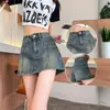 Shorts jeans azul retro americano para mulheres, verão 2026, plus size, cintura alta, modelador, design anti-exposição, saia-calça sexy