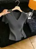Top de Punto Retro Chic Elegante con Cuello en V y Mangas Cortas para Mujer 2026 Nueva Llegada Primavera/Verano Súper Hermoso Más Vendido Top Adelgazante
