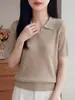Tricô de Manga Curta em Linho Tencel para Mulheres Verão Fino Respirável Gola Polo Manga Meia Manga Camiseta Estilo Coreano Roupas Femininas que Rejuvenessem