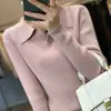 Camisa base de tricô de algodão puro de manga longa para mulheres, suéter curto de cor sólida com gola polo, top da moda estilo coreano 100% algodão