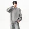 Blusa de Tricô com Gola Falsa de Duas Peças Masculina Outono Americana Solta Casual Suéter de Casal Patchwork Versátil Retrô