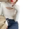Camiseta base de diseño calado para mujer, nuevo estilo otoño e invierno, suéter de cuello alto, top de punto moderno y elegante