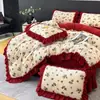 Juego de Colcha de Encaje Francés y Terciopelo de Leche de Cuatro Piezas Estilo Princesa Invierno Engrosado Cálido Funda Nórdica de Terciopelo Coral Sábana Bajera Ropa de Cama