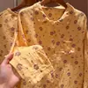 Pijama de mono con estrella amarilla para mujer, estilo primavera y otoño, cuello camisero dulce, manga larga, conjunto de ropa de estar de algodón de doble capa para estudiantes