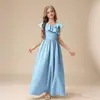 Vestido largo de satén liso para niñas, con bordes rizados, vestido de anfitriona, vestido para niñas mayores