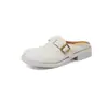 Mocasines de Piel de Vaca de Primera Capa para Mujer, Sandalias Semi-Cubiertas, Nuevo Estilo de Verano, Hebilla de Cuero Genuino, Punta Redonda, Sandalias de Tacón Bajo para Mujer