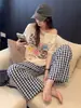Calça larga xadrez casual preguiçosa para mulheres, fina de verão, versátil, cintura alta, perna reta, solta, modeladora, com caimento, calça comprida