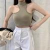Camisola de Gola Meia-Alta com Toque Feminino, Adequada para Usar por Cima, Design Assimétrico nos Ombros, Sem Mangas, Top de Amarrar Irregular Ombro a Ombro em Verde Vintage