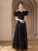 Vestido de Noche Negro con Lentejuelas Francés Hombros Descubiertos Regalo de Cumpleaños Vestido de Línea A Adelgazante Vestido para Anfitrión Banquete Vestido de Noche