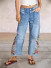Hme Jeans Feminino Europeu e Americano Transfronteiriço High Street Bordado Floral Solto Perna Larga Reto Calças Comércio Exterior Temu