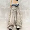2026 Nuevos pantalones casuales de estilo americano con estampado de leopardo degradado desgastado para hombres y mujeres, holgados, modernos, versátiles, de pierna recta, de pierna ancha, largos hasta el suelo