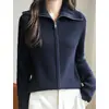 Chaqueta Suéter con Solapa y Doble Cremallera Transfronteriza Otoño e Invierno Temperamento para Viajar Adelgazante Color Sólido Canalé Simple Cardigan Tejido para Mujer