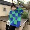 Nuevo Diseño de Estilo Perezoso Otoño e Invierno con Colores Contrastantes, Cuello Redondo, Suéter Pulóver de Cuadros Retro para Mujer, Prendas de Punto de Abrigo Talla Grande